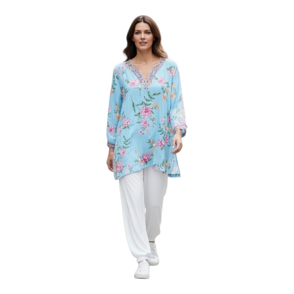 Belle by Kim Gravel Women's M Teal Pink Floral Embroidered Spring Boho Tunic Top
